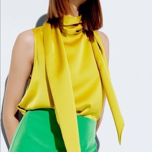 Zara Scarf Collar Satin Effect Blouse Top | Olive Green